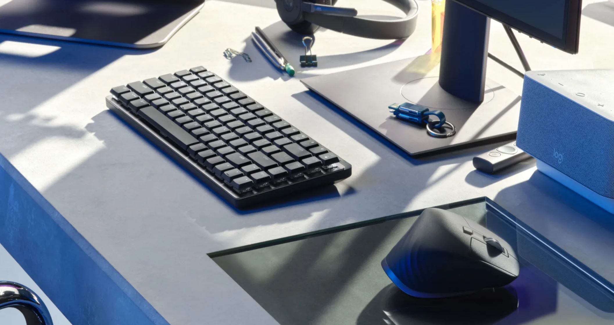 A keyboard is placed on a desktop